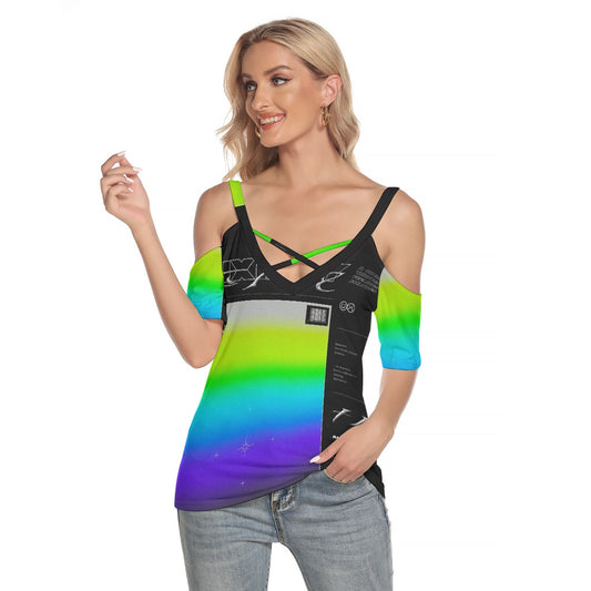 All-Over Print Women's Cold Shoulder T-shirt With Criss Cross Strips