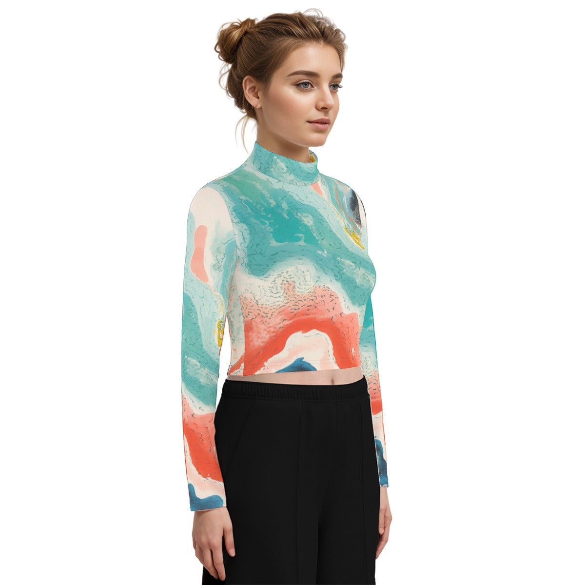 Eco-Friendly All-Over Print Women's Turtleneck T-shirt With Long Sleeve