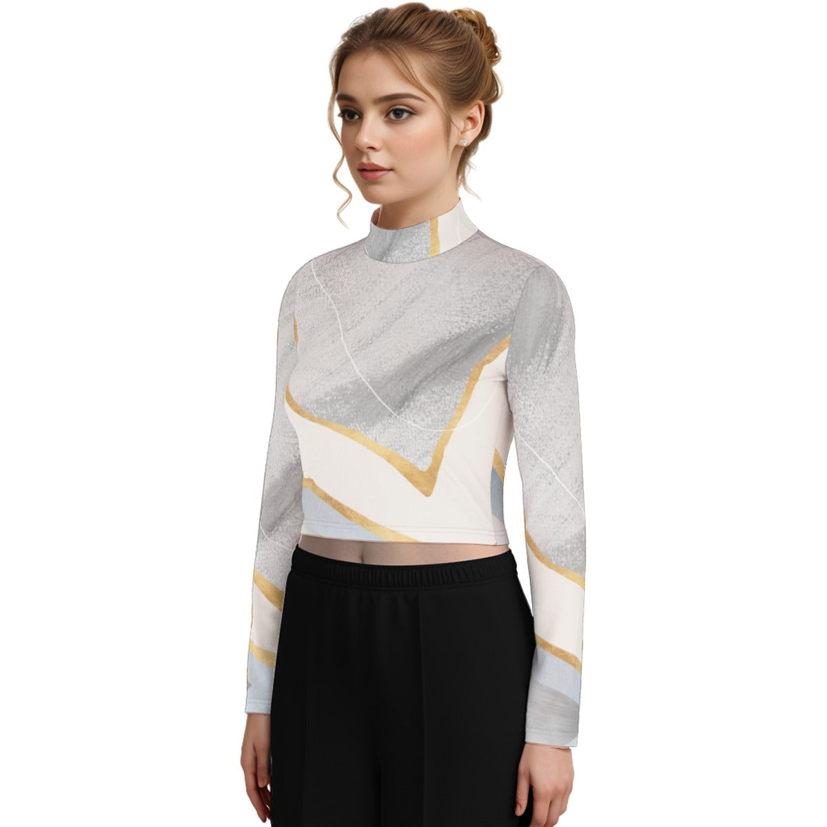 Eco-Friendly All-Over Print Women's Turtleneck T-shirt With Long Sleeve