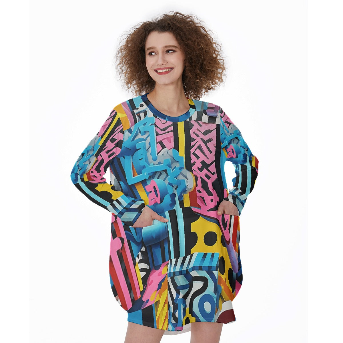 All-Over Print Women's Casual Loose Long Sleeve Dress With Pocket