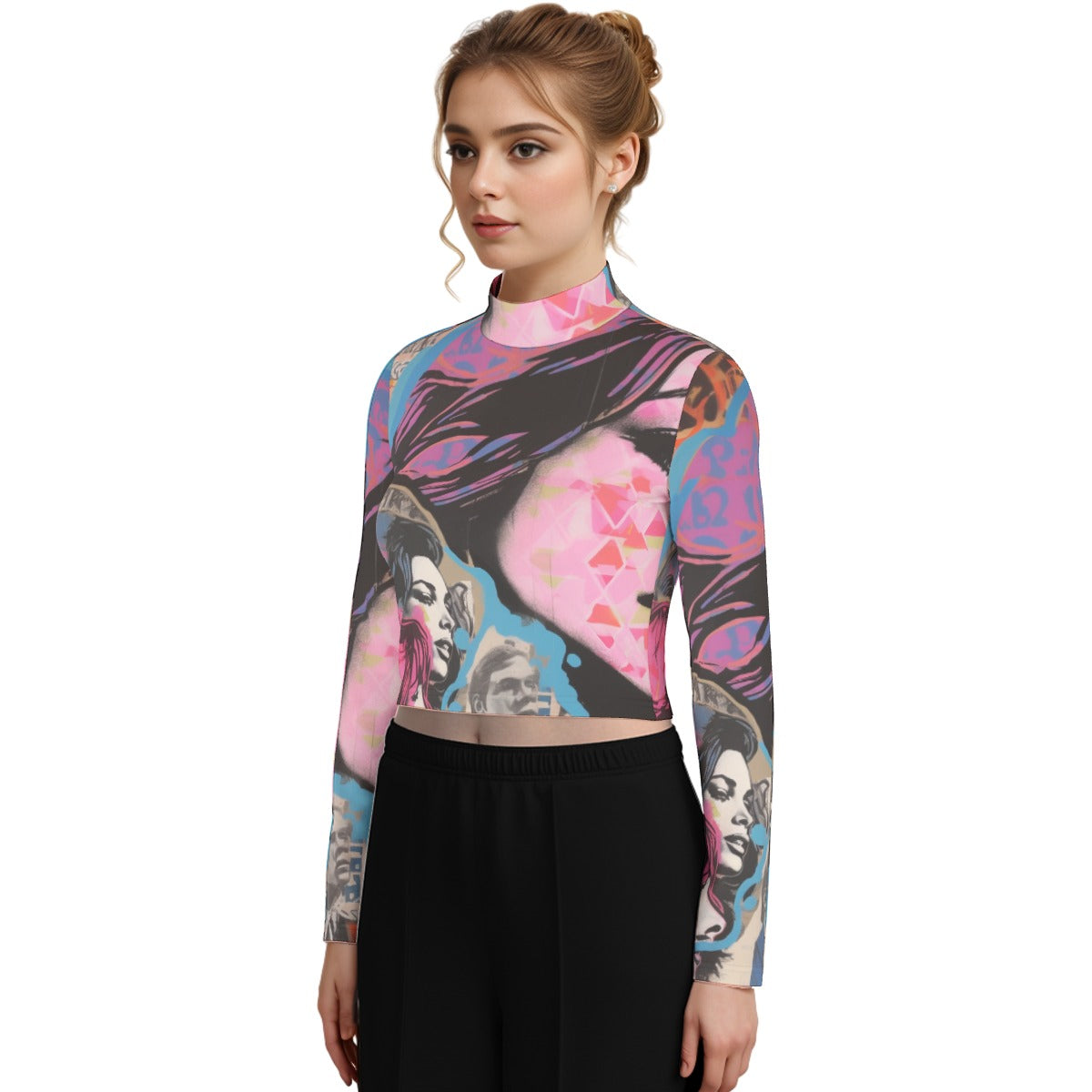 Eco-Friendly All-Over Print Women's Turtleneck T-shirt With Long Sleeve