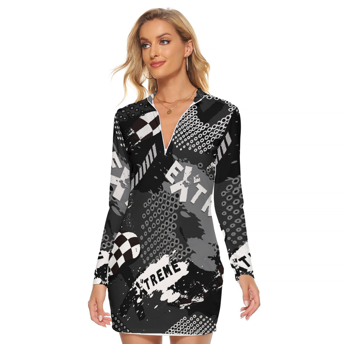 All-Over Print Women's Zip Front Tight Dress