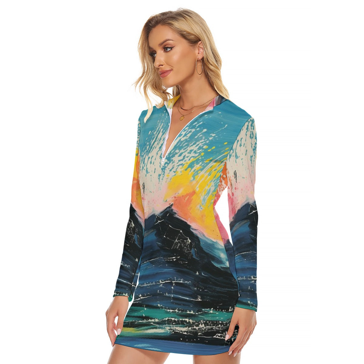 All-Over Print Women's Zip Front Tight Dress