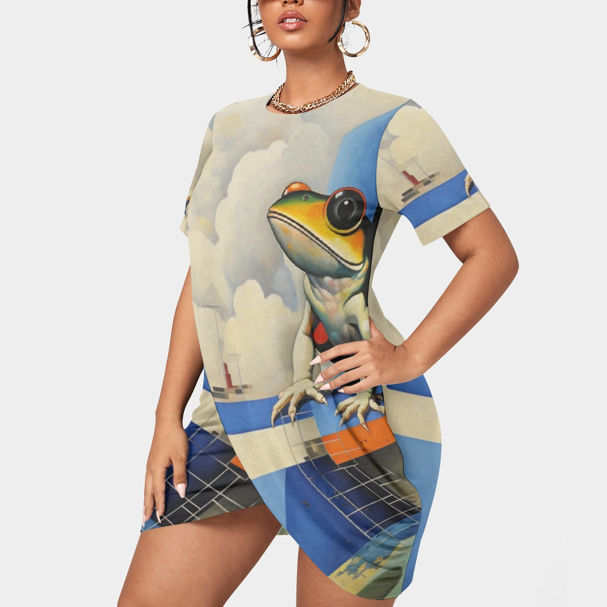 All-Over Print Women’s Stacked Hem Dress With Short Sleeve（Plus Size）