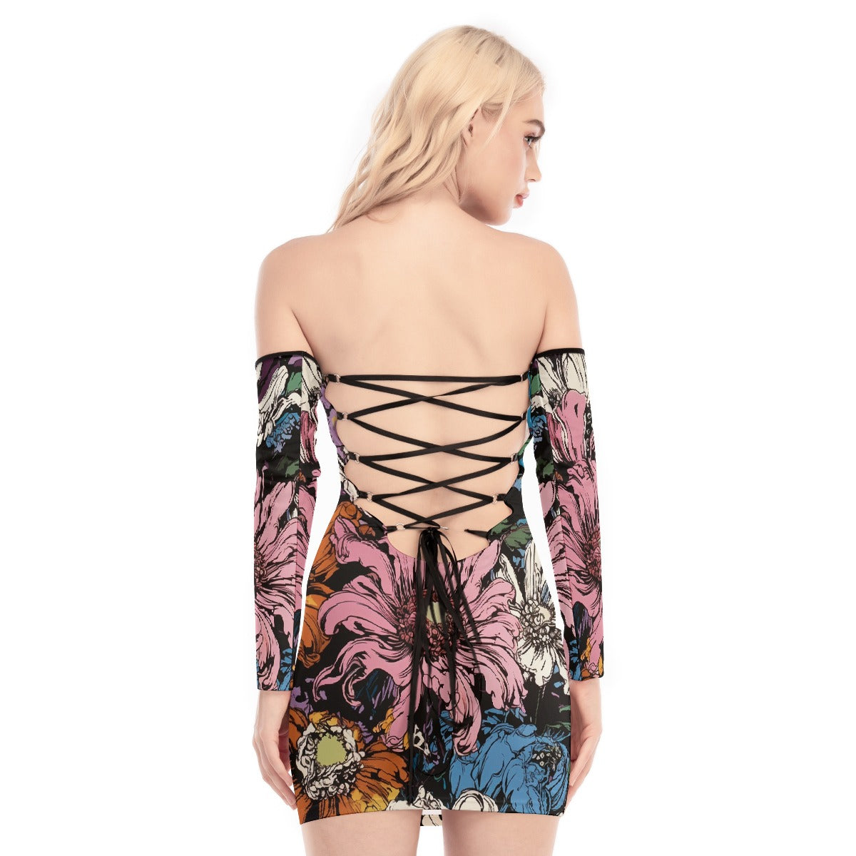 All-Over Print Women's Off-shoulder Back Lace-up Dress