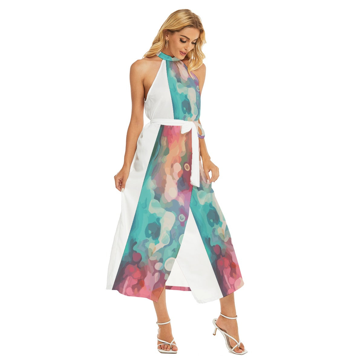 All-Over Print Women's Wrap Hem Belted Halter Dress