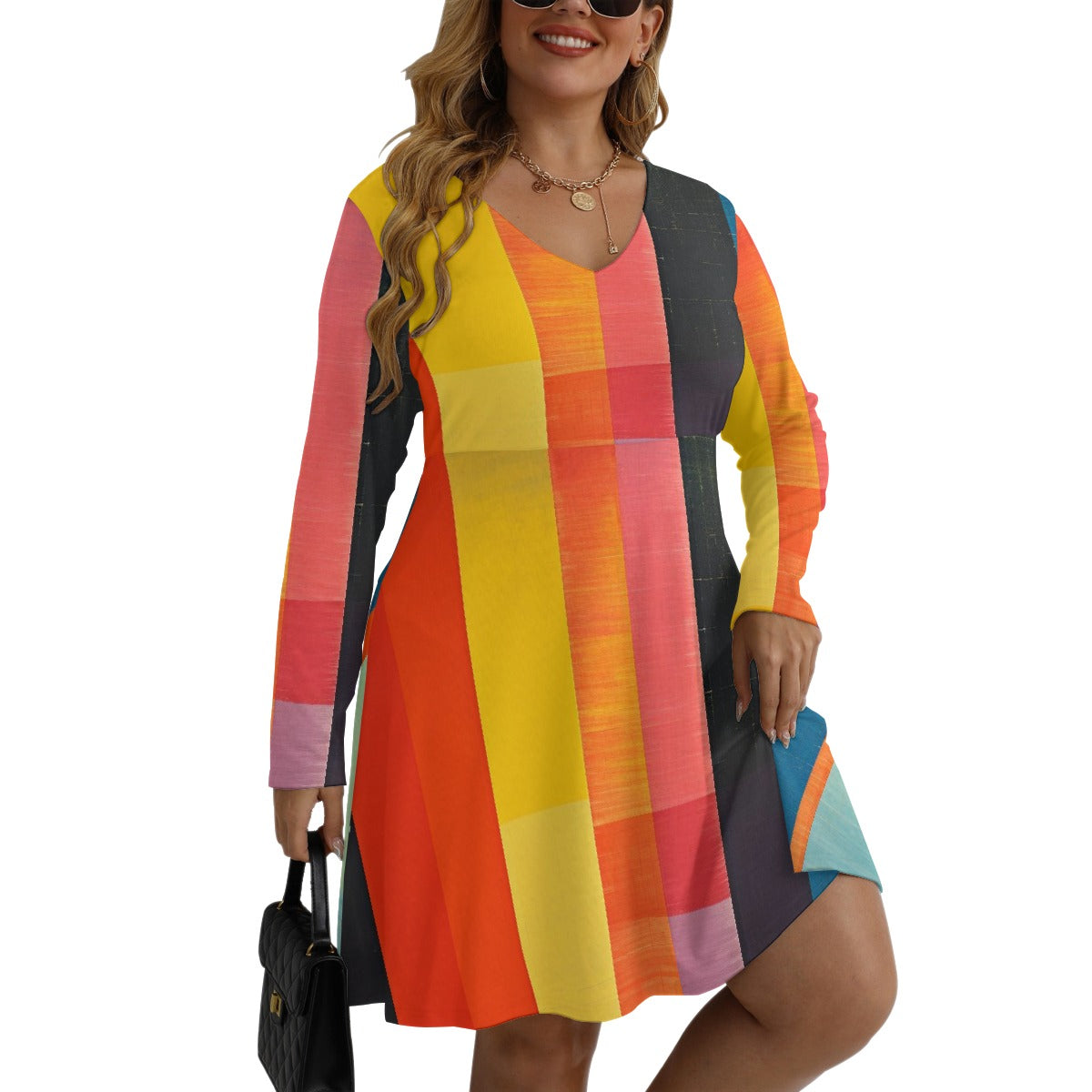 All-Over Print Women's V-neck Long Sleeve Dress(Plus Size)