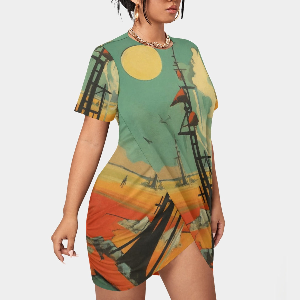 All-Over Print Women’s Stacked Hem Dress With Short Sleeve（Plus Size）