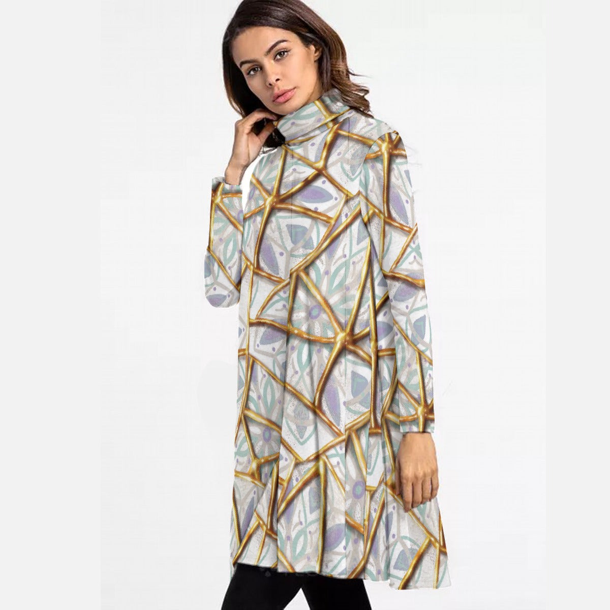 All-Over Print Women's High Neck Dress With Long Sleeve