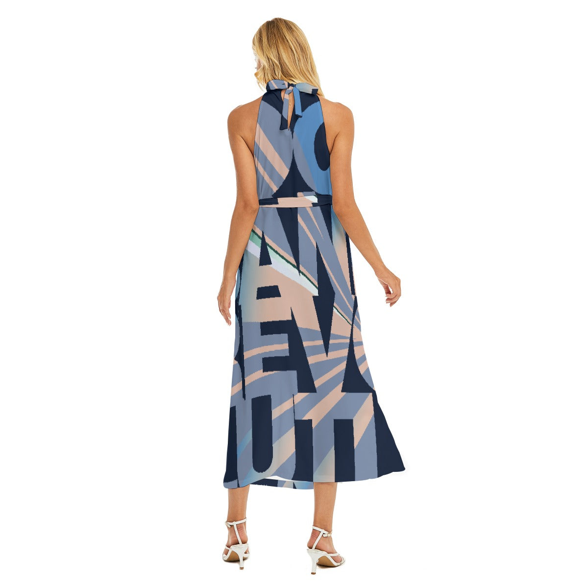 All-Over Print Women's Wrap Hem Belted Halter Dress