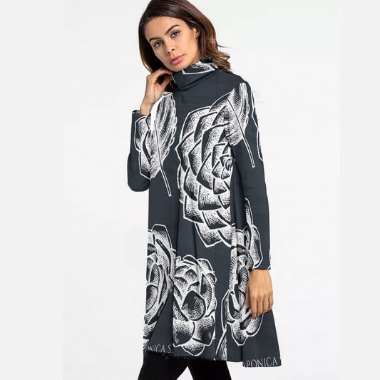 All-Over Print Women's High Neck Dress With Long Sleeve