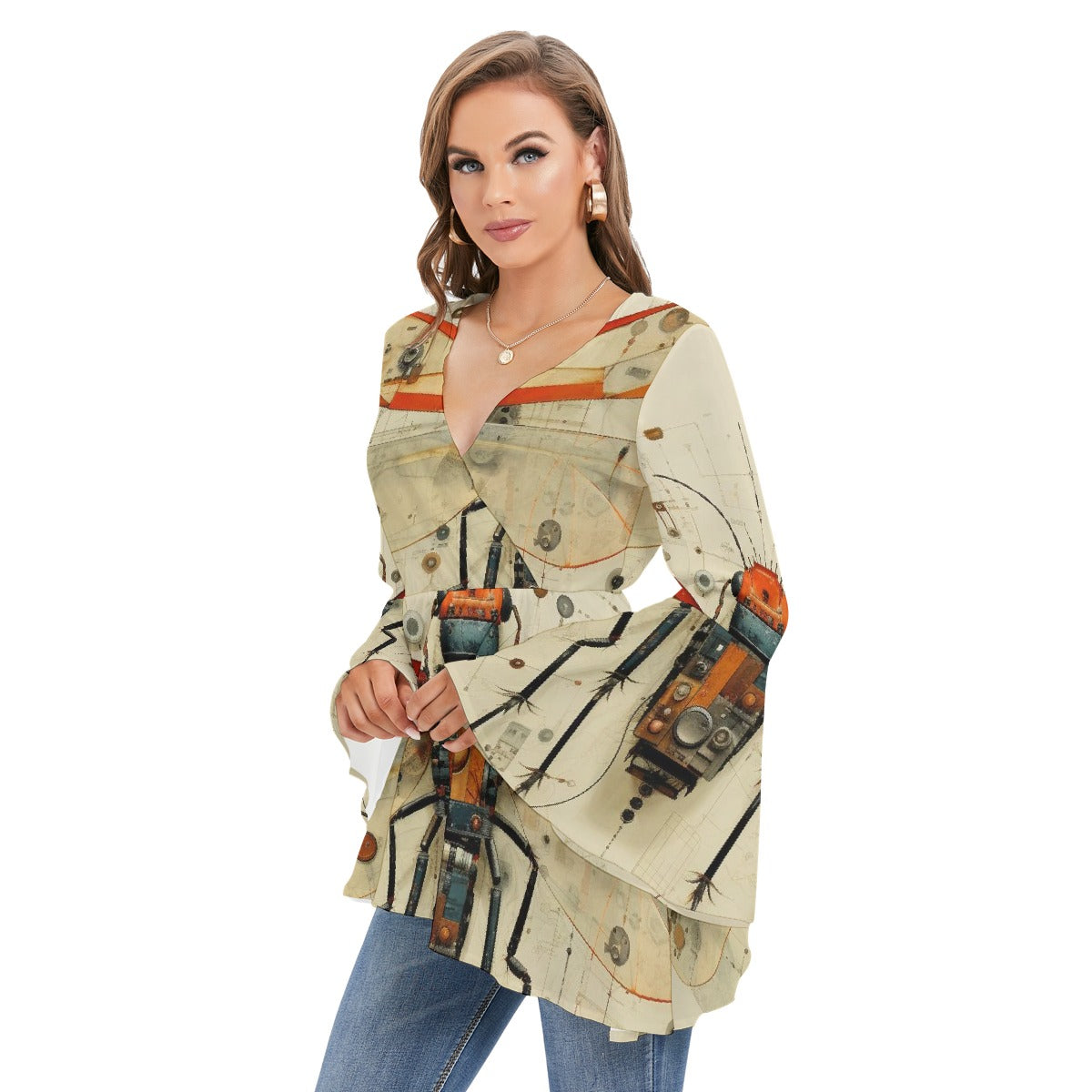 All-Over Print Women's V-neck Blouse With Flared Sleeves