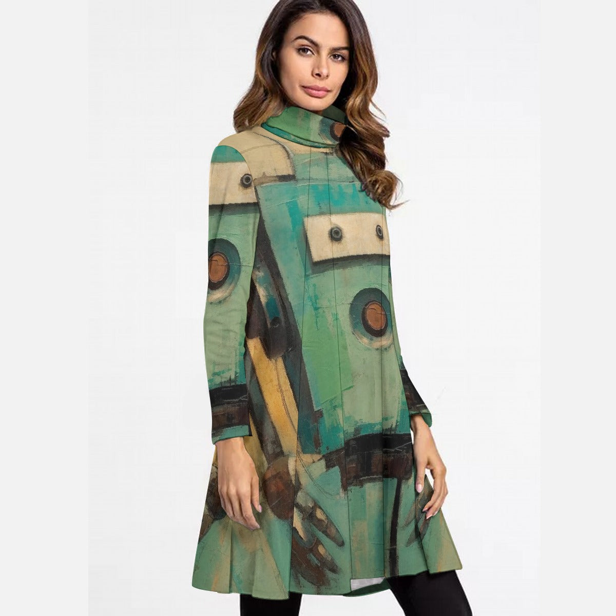 All-Over Print Women's High Neck Dress With Long Sleeve