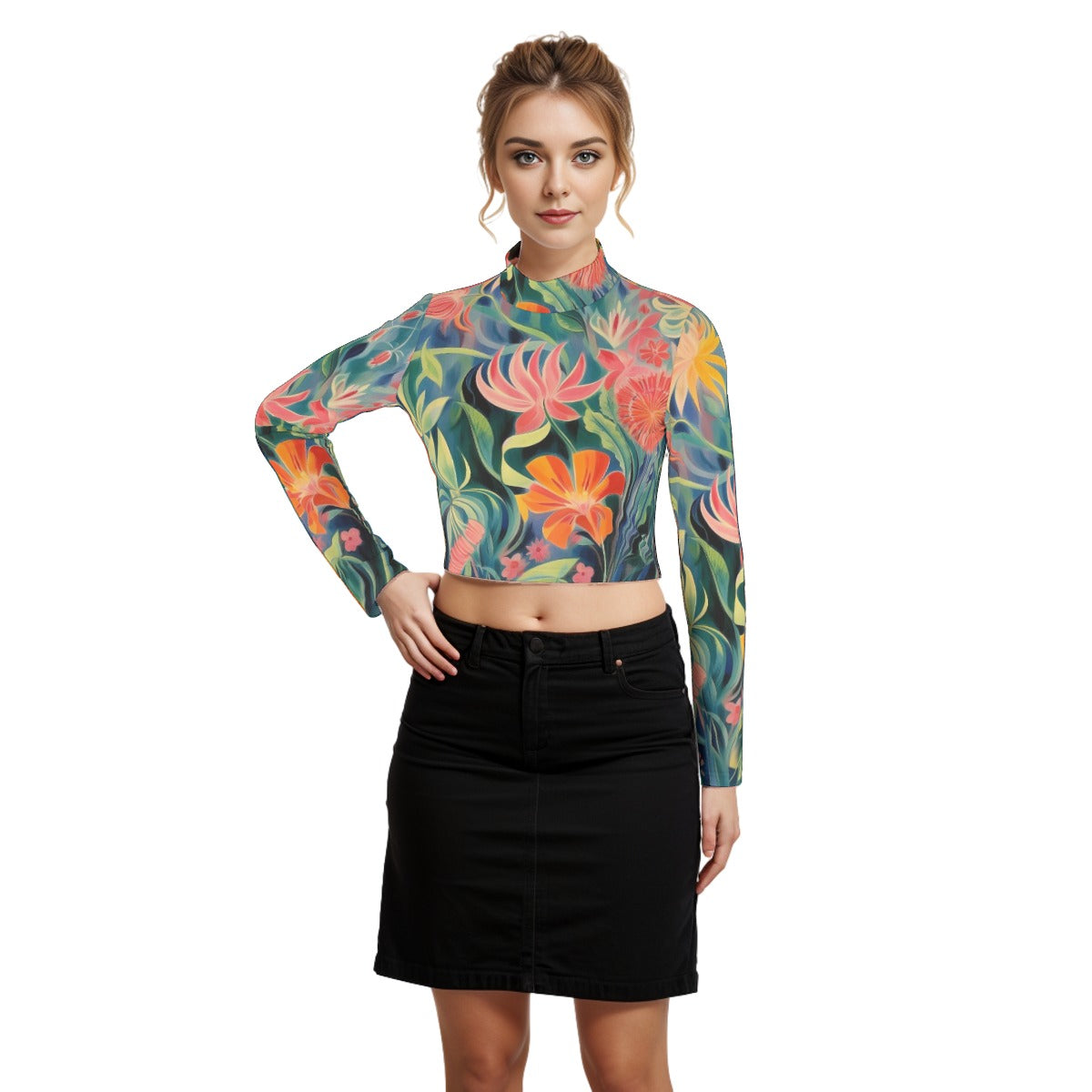 Eco-Friendly All-Over Print Women's Turtleneck T-shirt With Long Sleeve