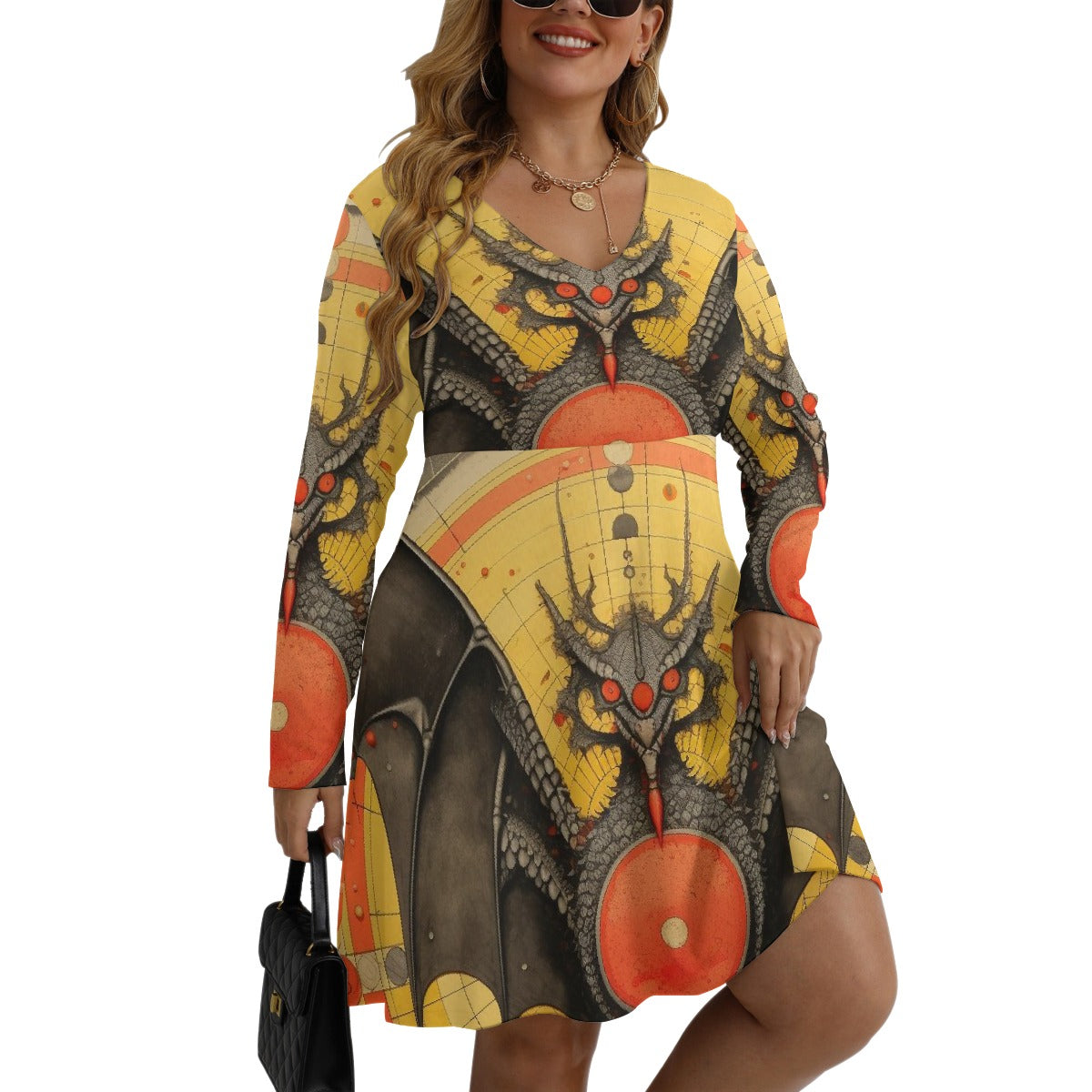 All-Over Print Women's V-neck Long Sleeve Dress(Plus Size)