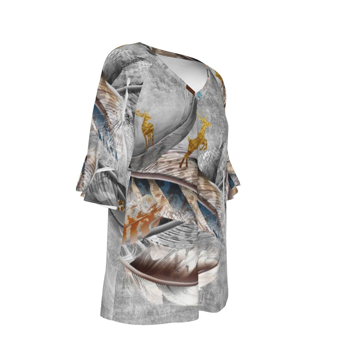 All-Over Print V-neck Women's T-shirt With Bell Sleeve