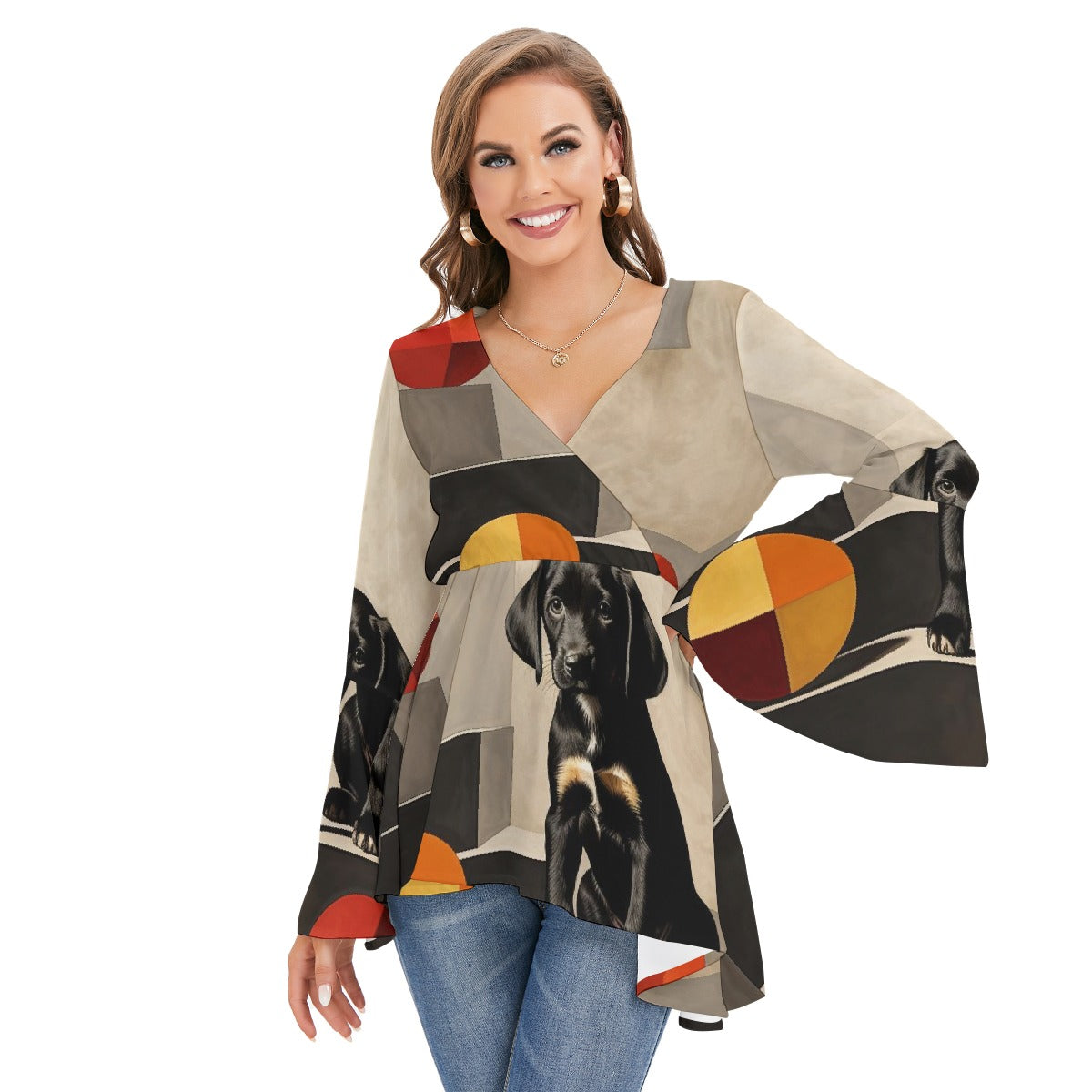 All-Over Print Women's V-neck Blouse With Flared Sleeves