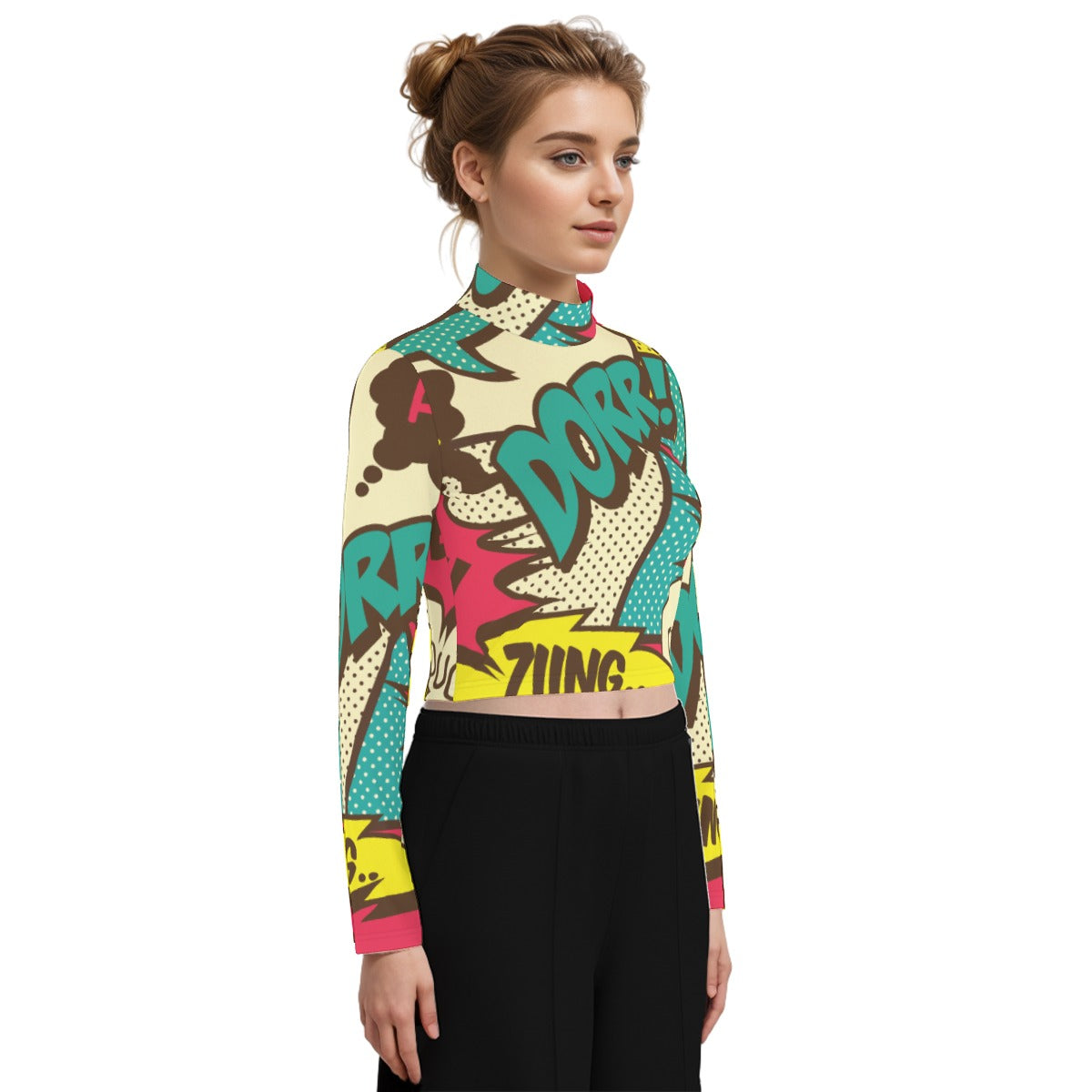 Eco-Friendly All-Over Print Women's Turtleneck T-shirt With Long Sleeve