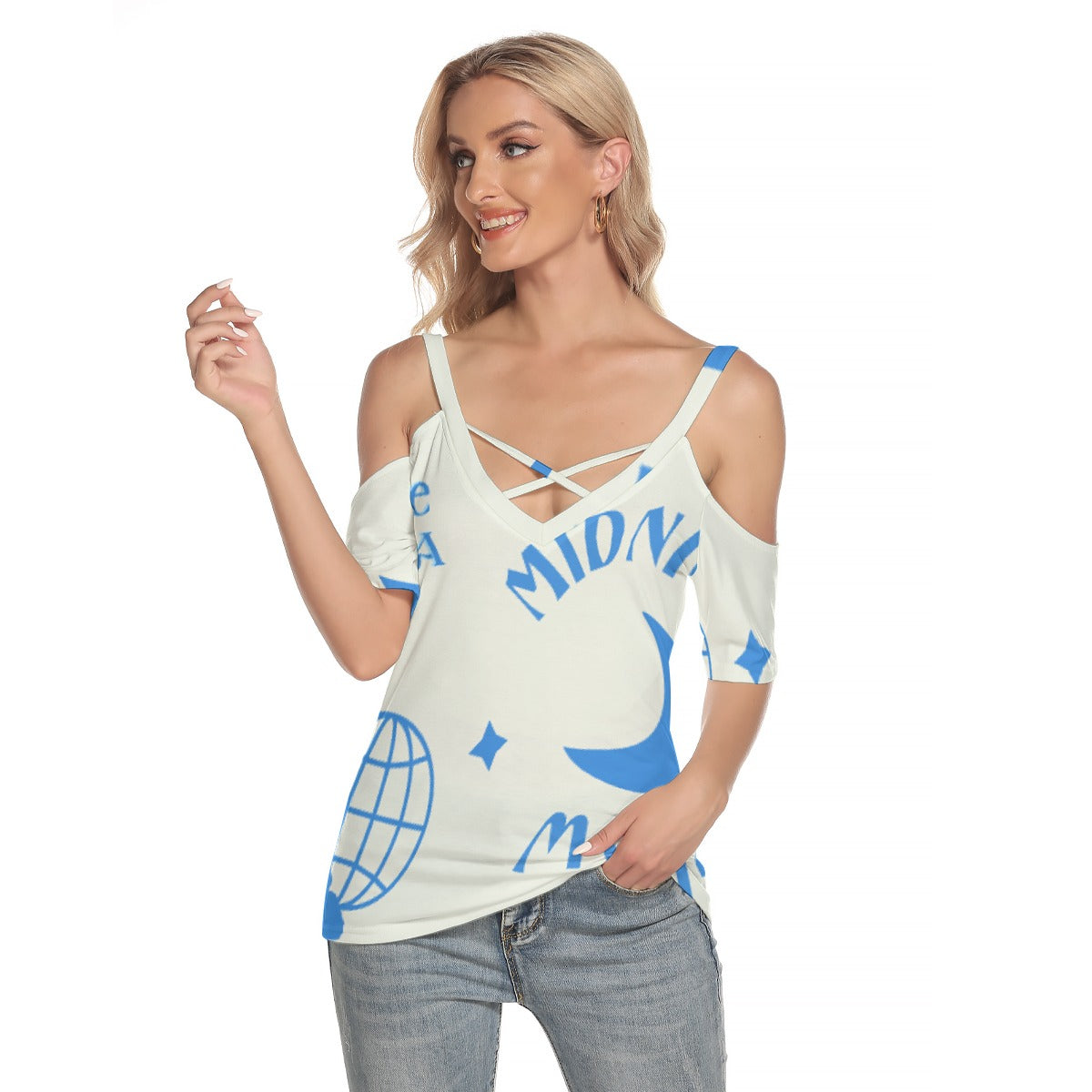 All-Over Print Women's Cold Shoulder T-shirt With Criss Cross Strips