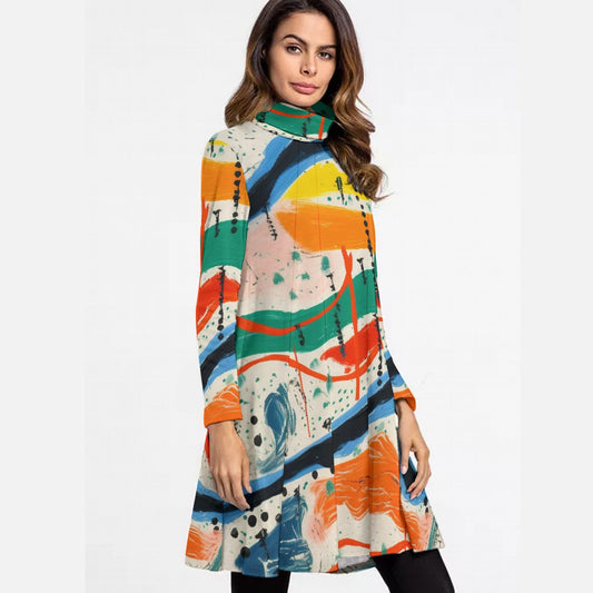 All-Over Print Women's High Neck Dress With Long Sleeve