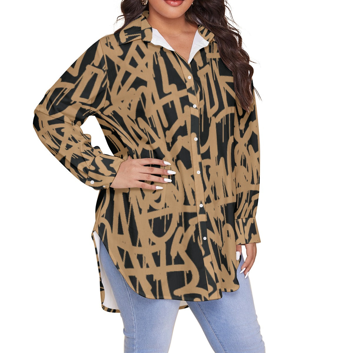 All-Over Print Women's Shirt With Long Sleeve(Plus Size)