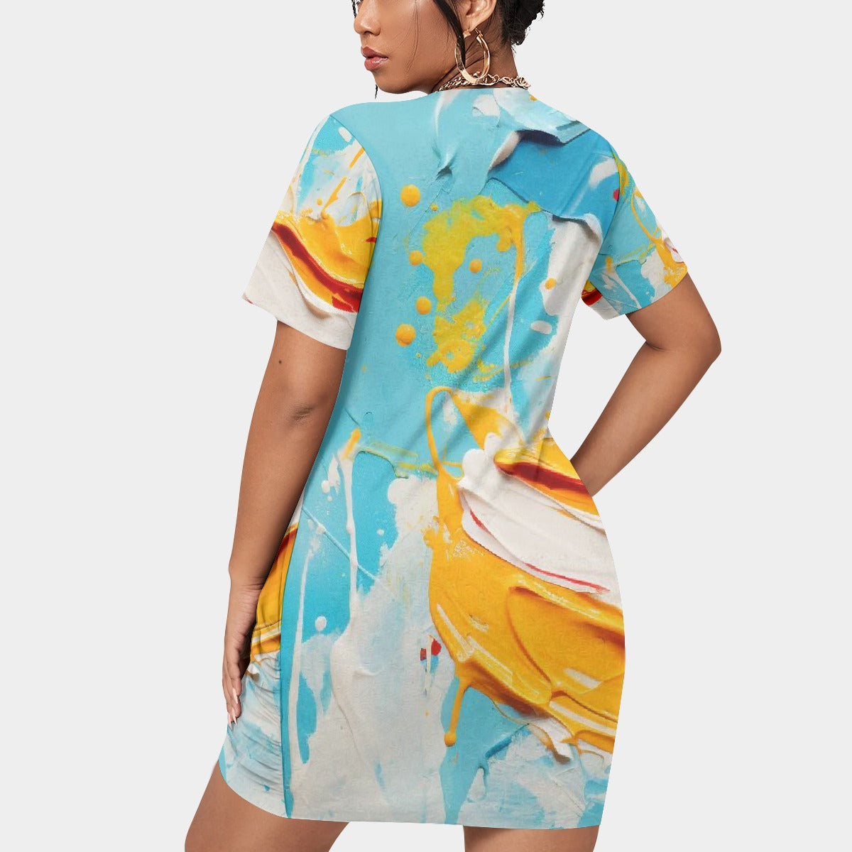 All-Over Print Women’s Stacked Hem Dress With Short Sleeve（Plus Size）