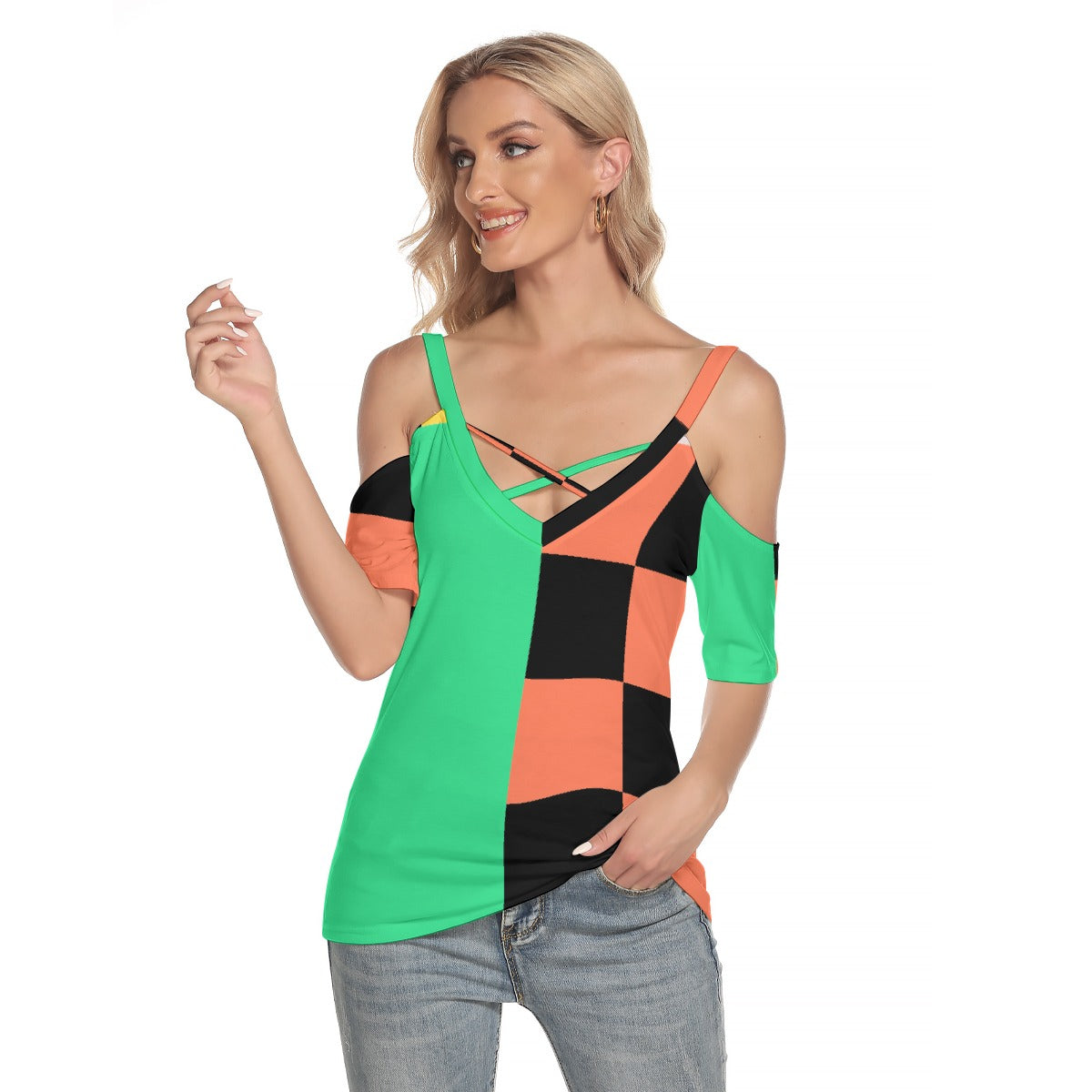 All-Over Print Women's Cold Shoulder T-shirt With Criss Cross Strips