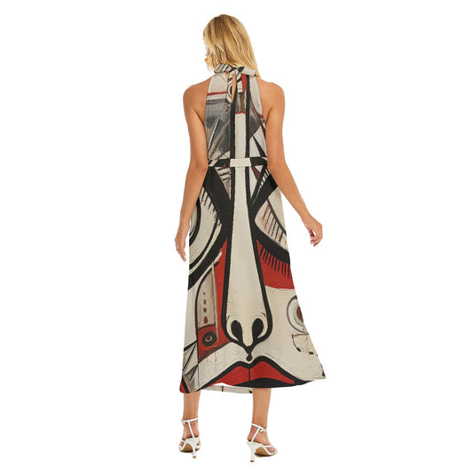 All-Over Print Women's Wrap Hem Belted Halter Dress