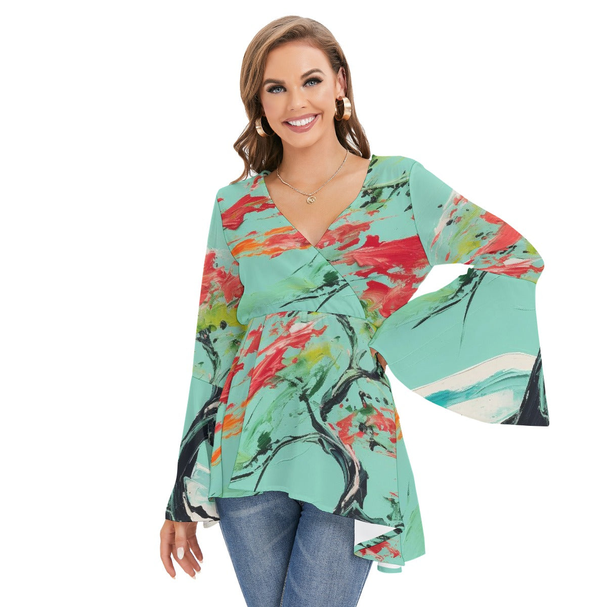 All-Over Print Women's V-neck Blouse With Flared Sleeves