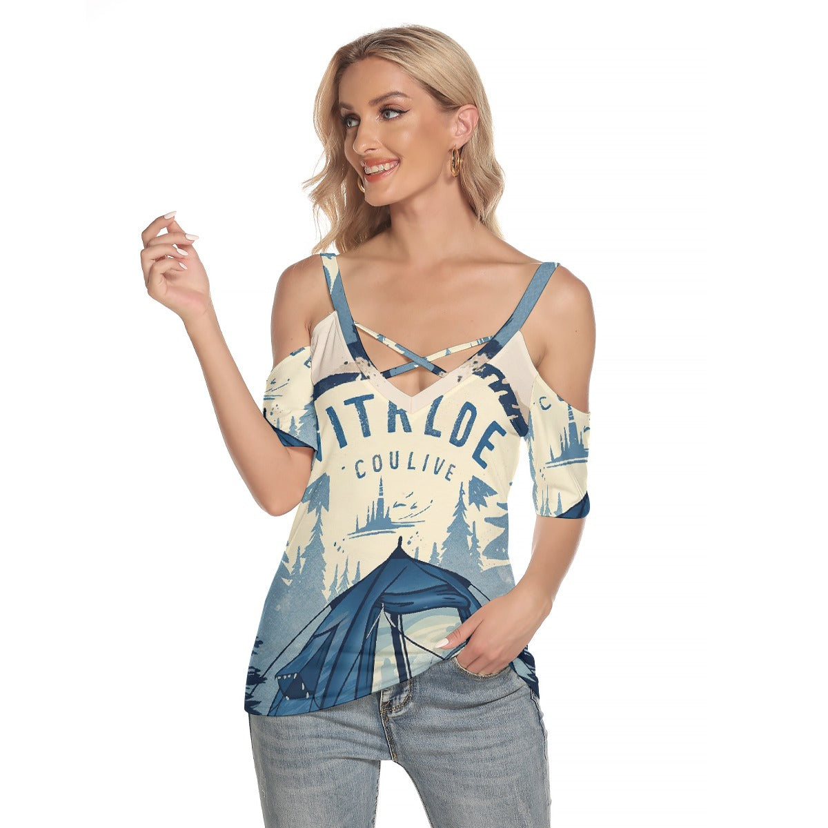 All-Over Print Women's Cold Shoulder T-shirt With Criss Cross Strips