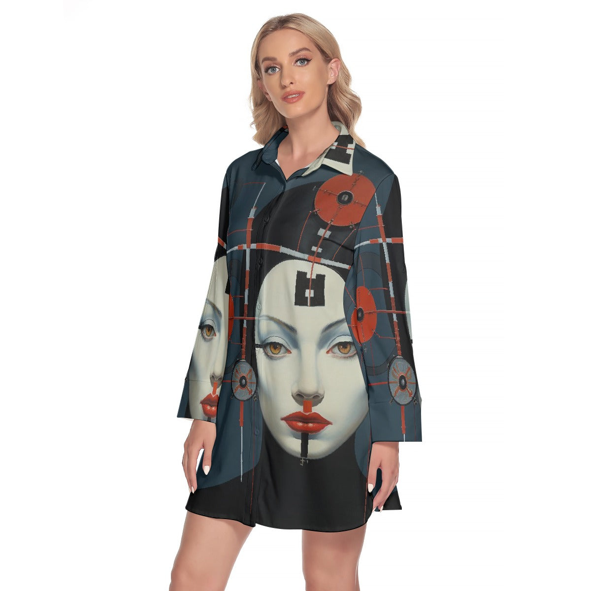 All-Over Print Women's Lapel Shirt Dress With Long Sleeve