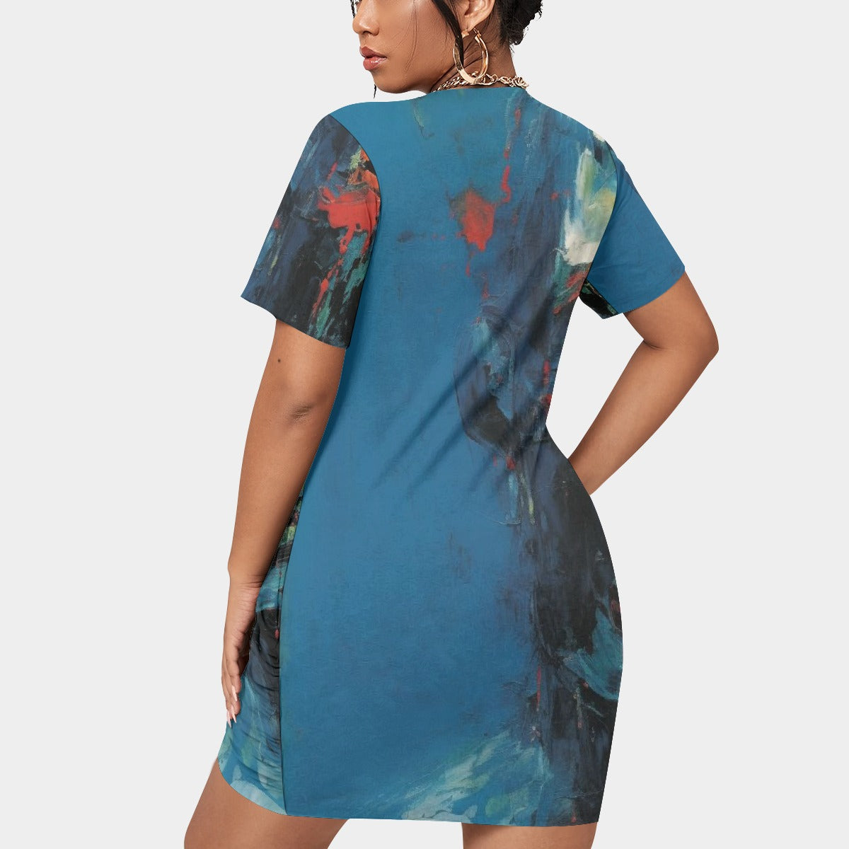 All-Over Print Women’s Stacked Hem Dress With Short Sleeve（Plus Size）