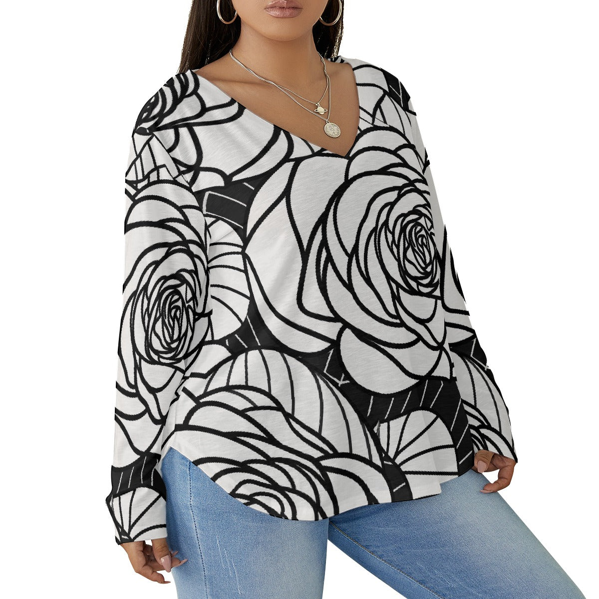 All-Over Print Women's V-neck T-shirt With Curved Hem(Plus Size)