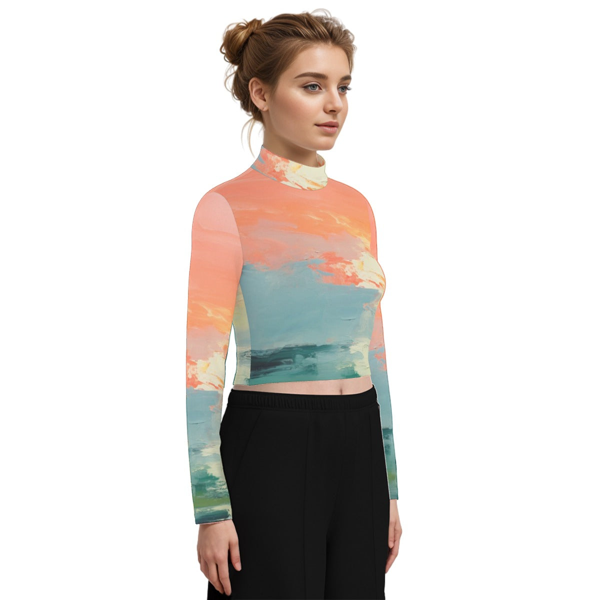 Eco-Friendly All-Over Print Women's Turtleneck T-shirt With Long Sleeve