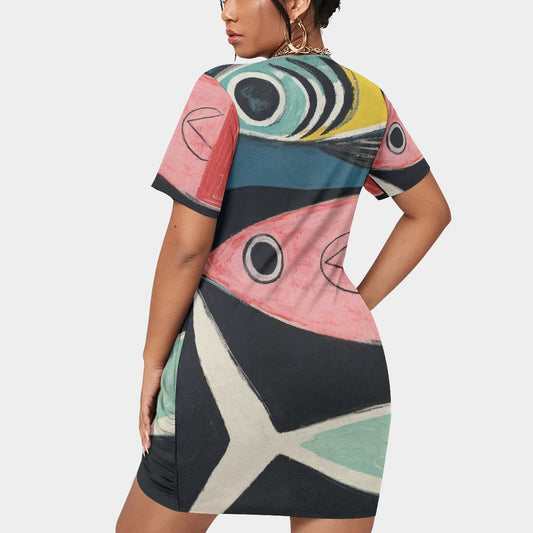 All-Over Print Women’s Stacked Hem Dress With Short Sleeve（Plus Size）