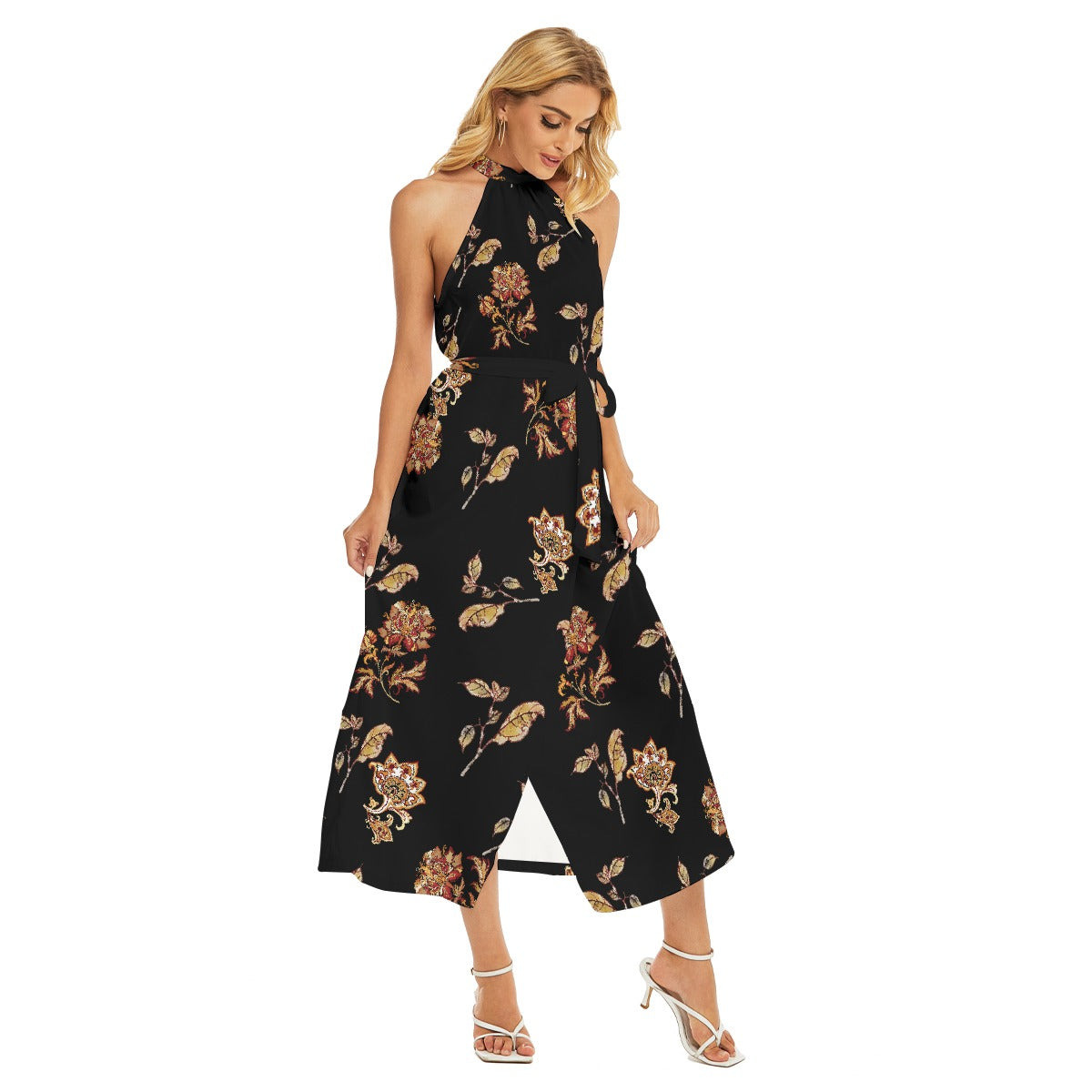 All-Over Print Women's Wrap Hem Belted Halter Dress