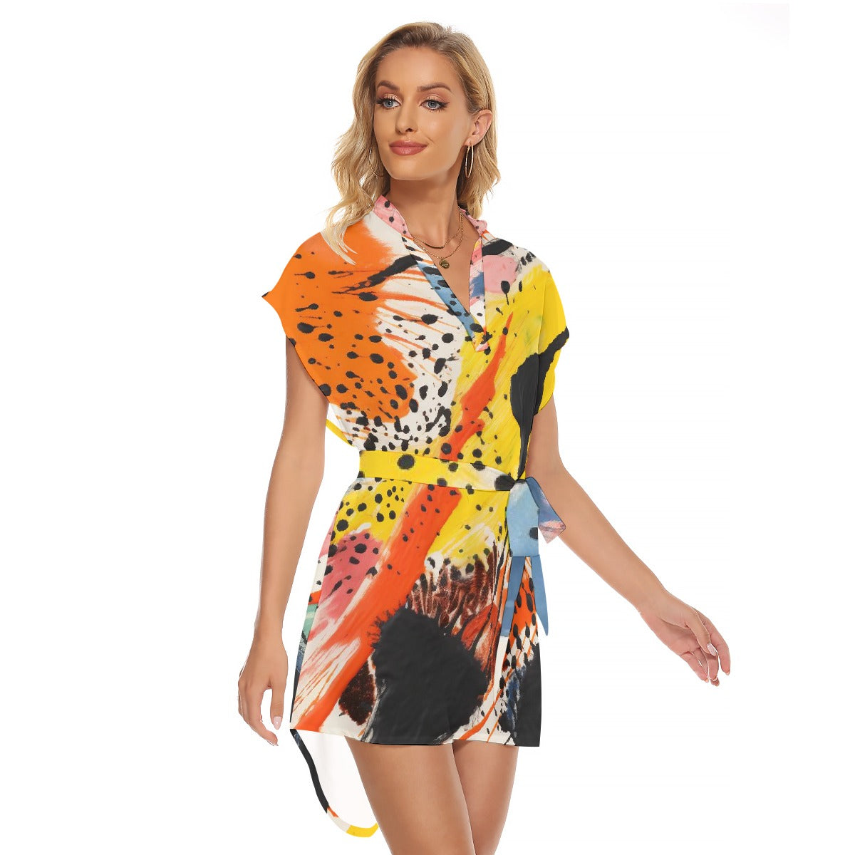 All-Over Print Women's Stand-up Collar Casual Dress With Belt