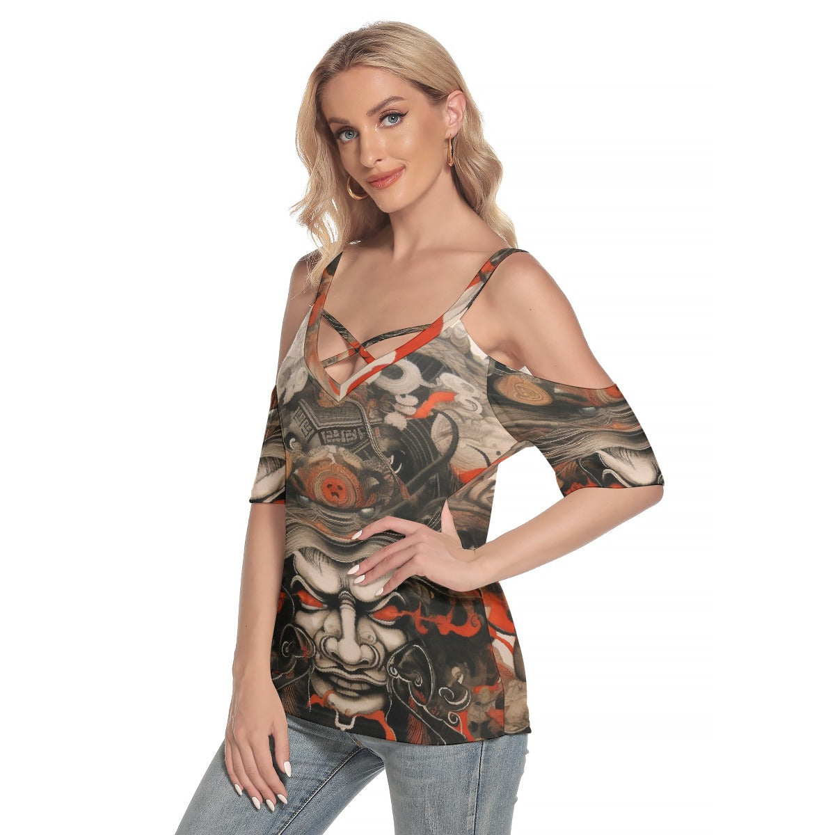 All-Over Print Women's Cold Shoulder T-shirt With Criss Cross Strips