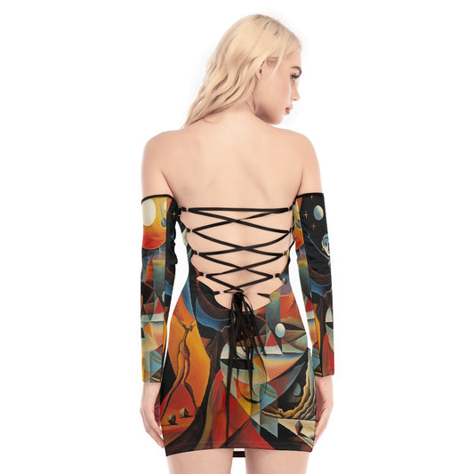 All-Over Print Women's Off-shoulder Back Lace-up Dress