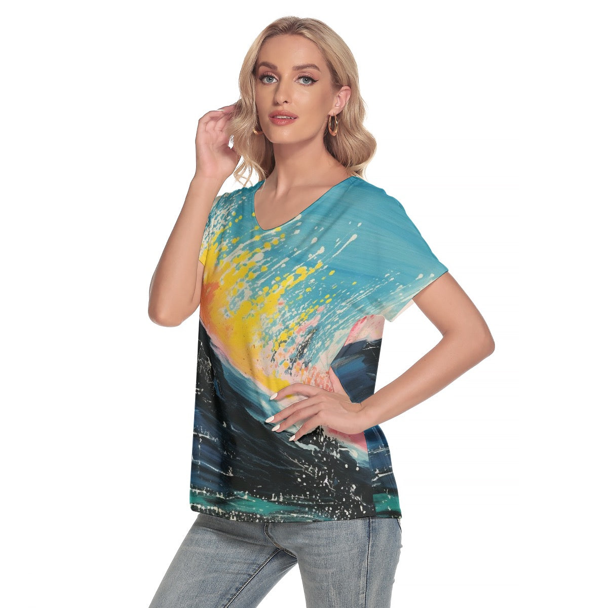 All-Over Print Women's Loose V-neck Short Sleeve T-shirt