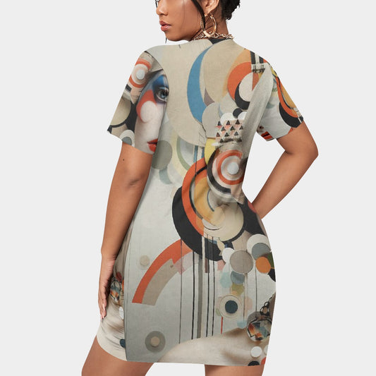 All-Over Print Women’s Stacked Hem Dress With Short Sleeve（Plus Size）