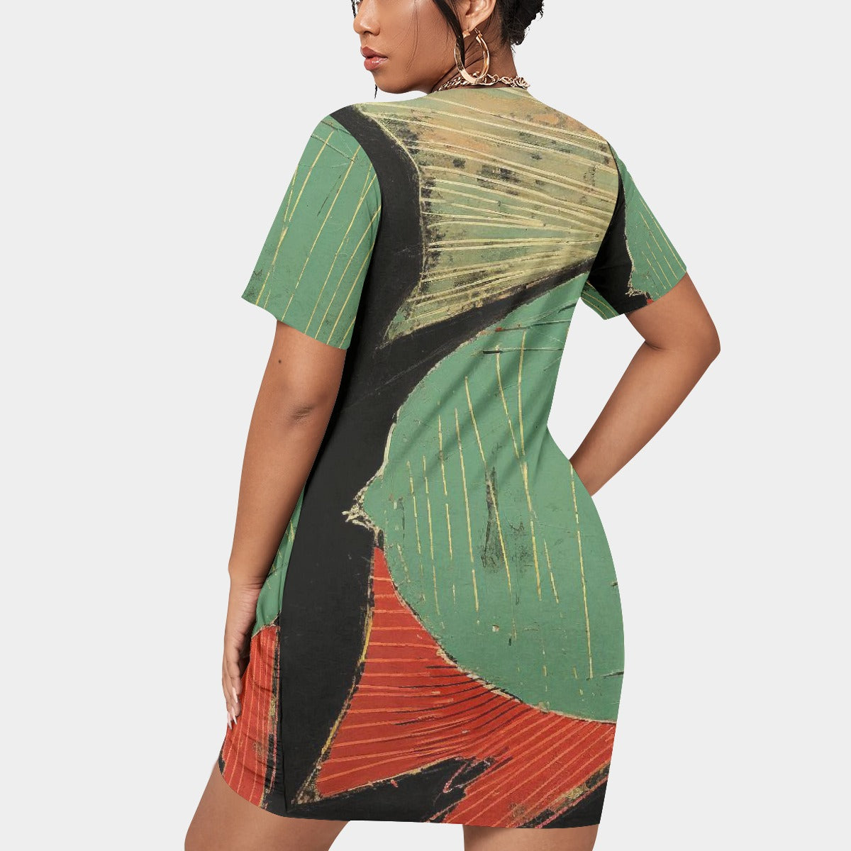 All-Over Print Women’s Stacked Hem Dress With Short Sleeve（Plus Size）