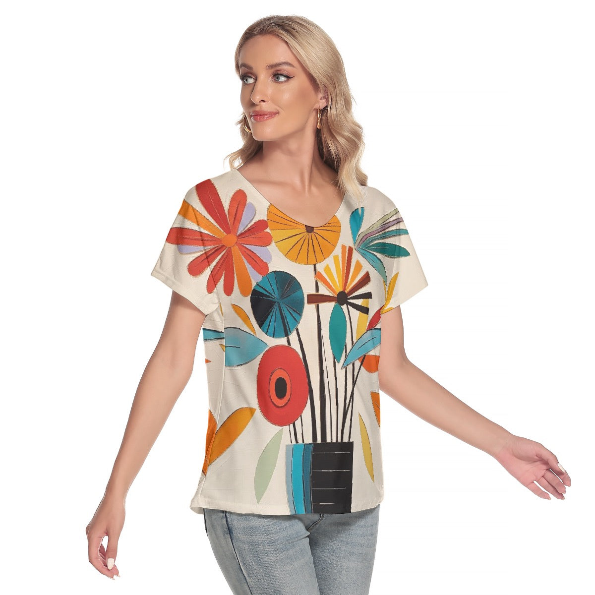 All-Over Print Women's Loose V-neck Short Sleeve T-shirt