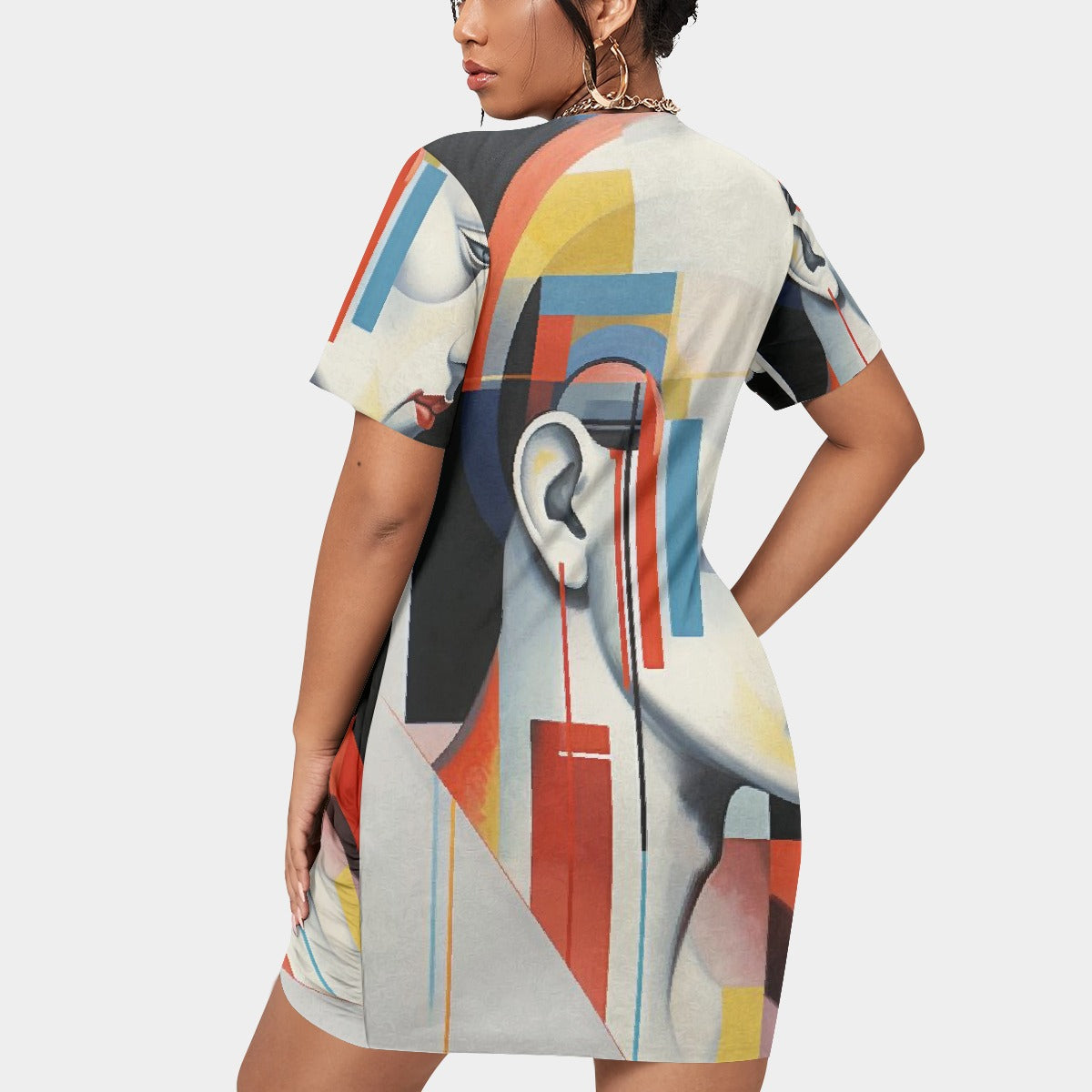 All-Over Print Women’s Stacked Hem Dress With Short Sleeve（Plus Size）