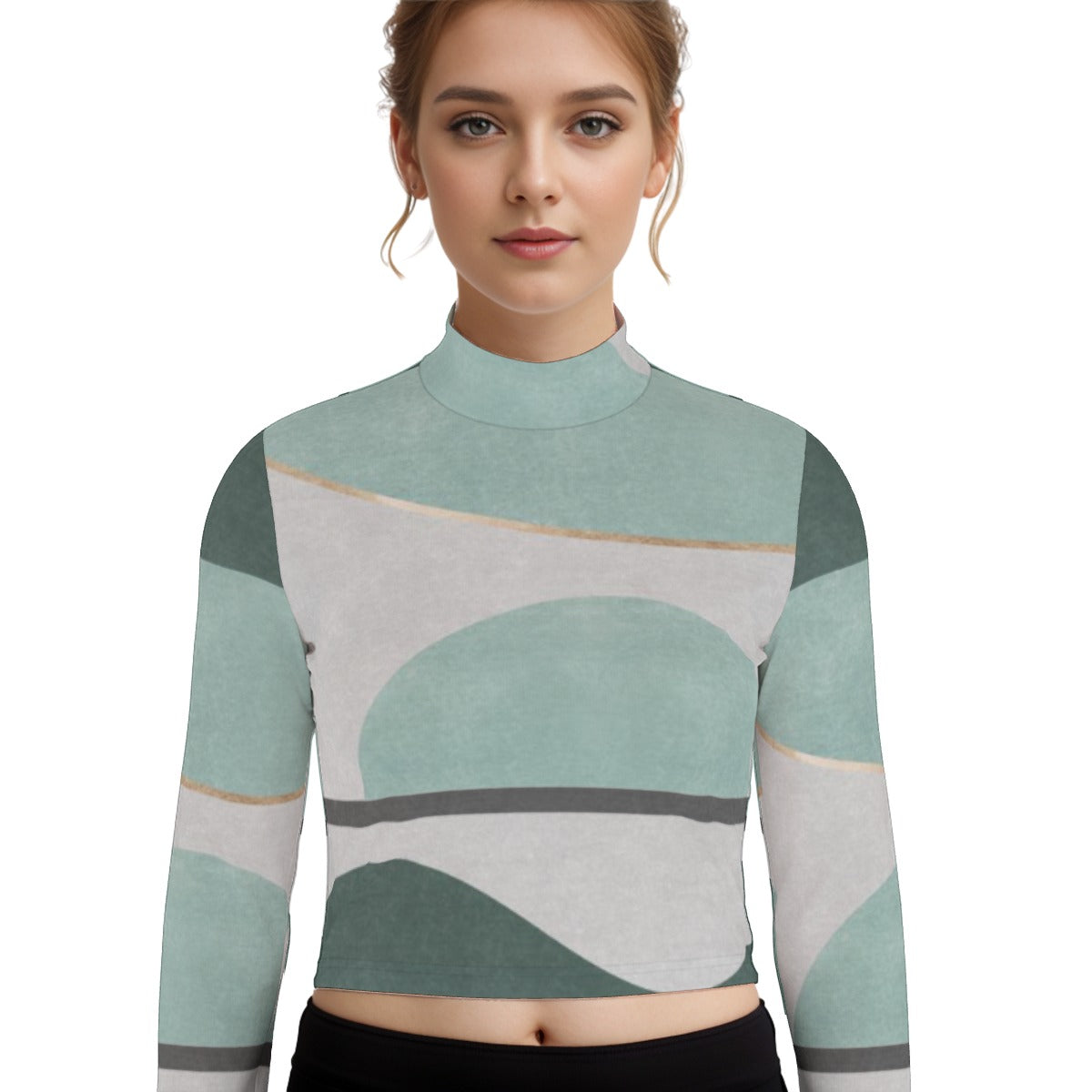 Eco-Friendly All-Over Print Women's Turtleneck T-shirt With Long Sleeve