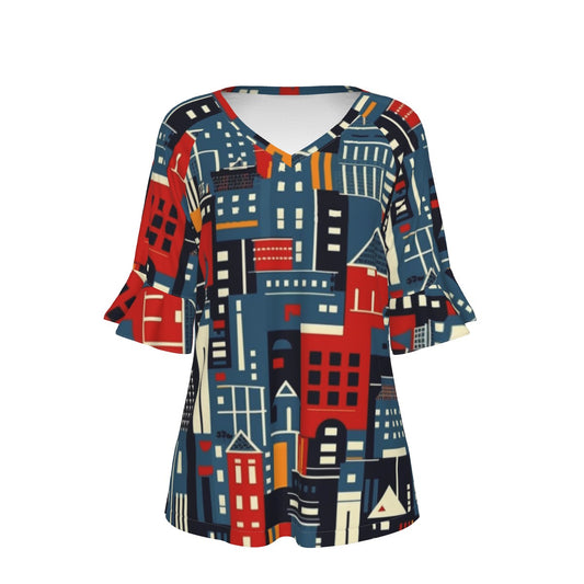 All-Over Print V-neck Women's T-shirt With Bell Sleeve