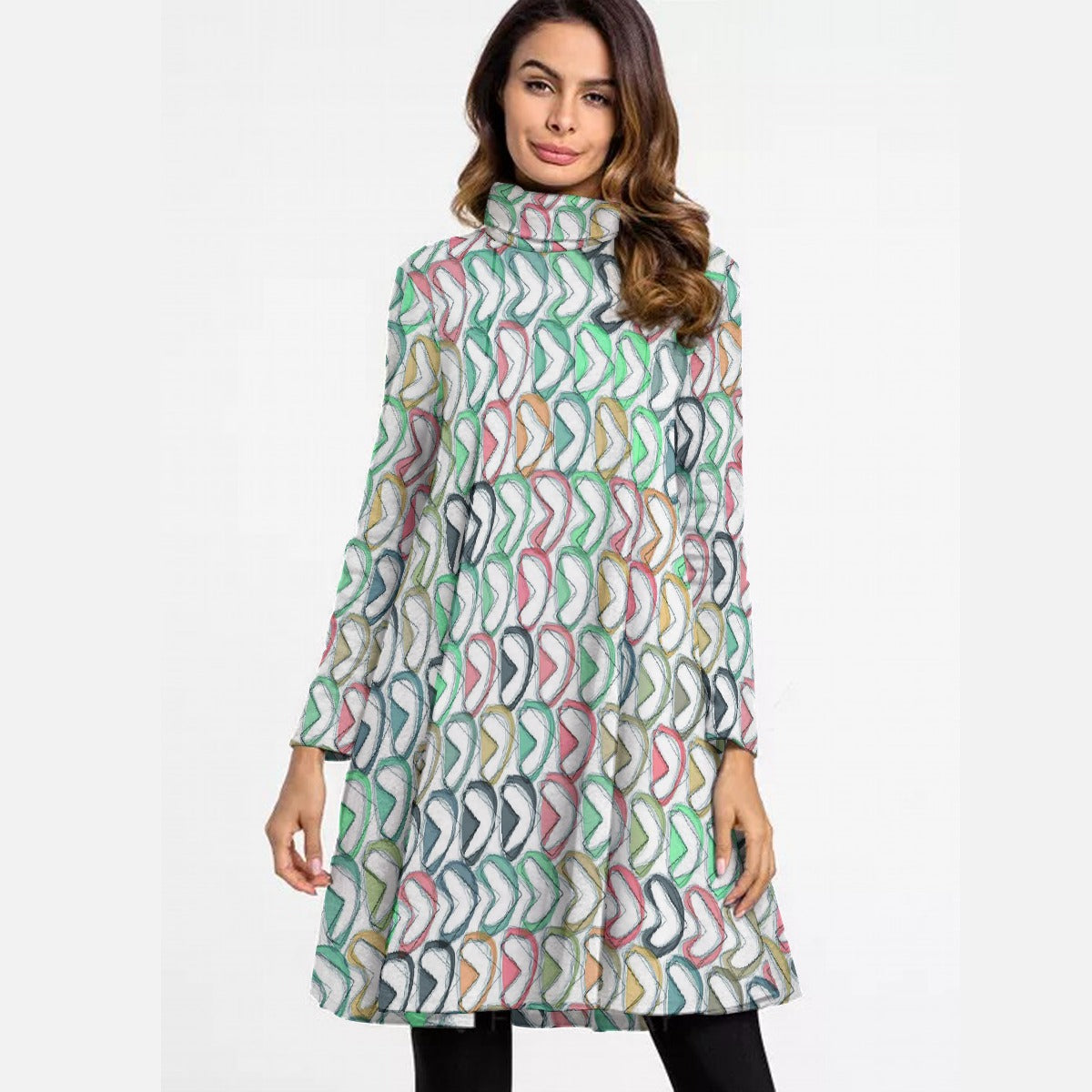 All-Over Print Women's High Neck Dress With Long Sleeve