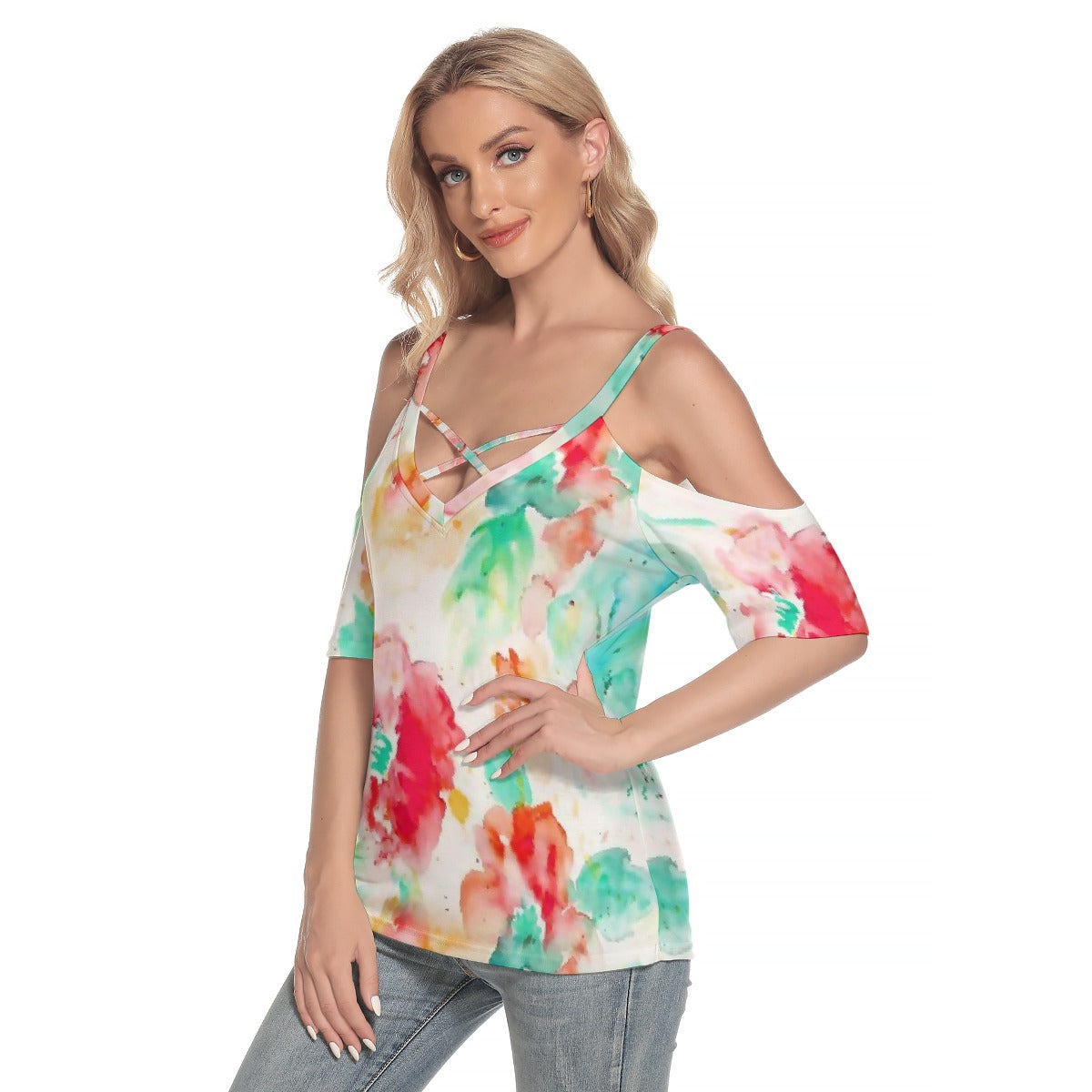 All-Over Print Women's Cold Shoulder T-shirt With Criss Cross Strips