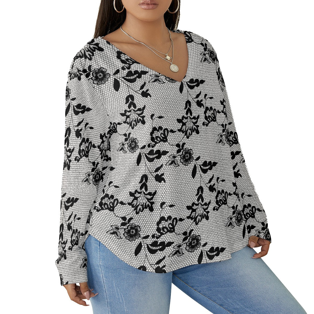 All-Over Print Women's V-neck T-shirt With Curved Hem(Plus Size)