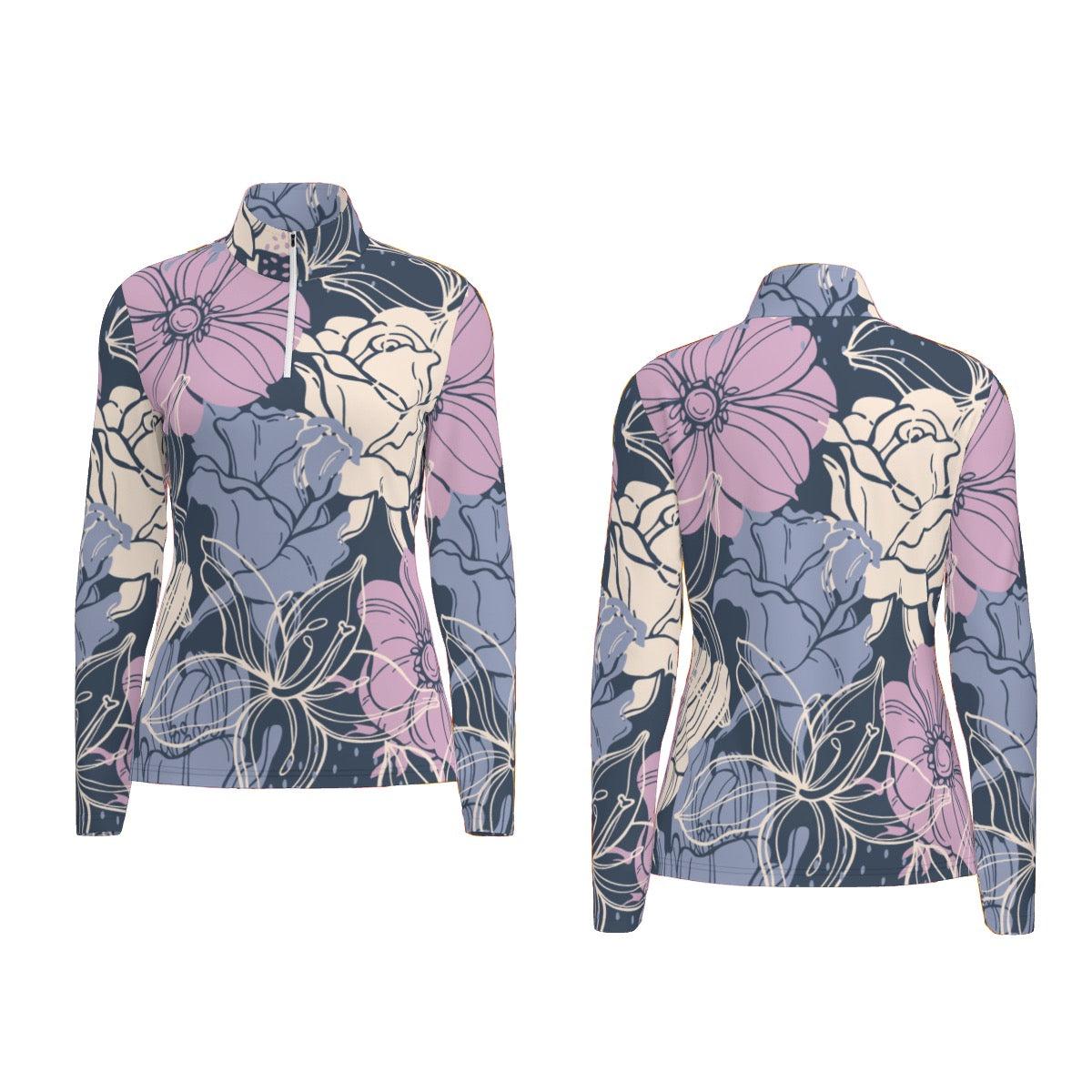 All-Over Print Women's Sports Collar Jersey With Long Sleeve